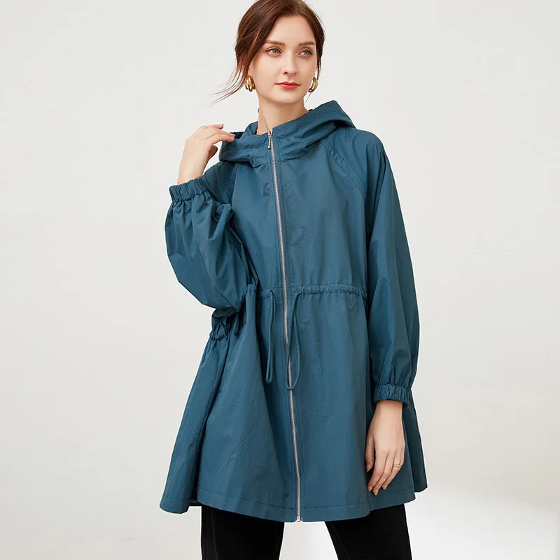 

Lady Plus Size Hooded Trench Coat For Women 2021 Autumn Hoodies Elastic Waist Loose Wind Proof Coats Outwear Female Clothing