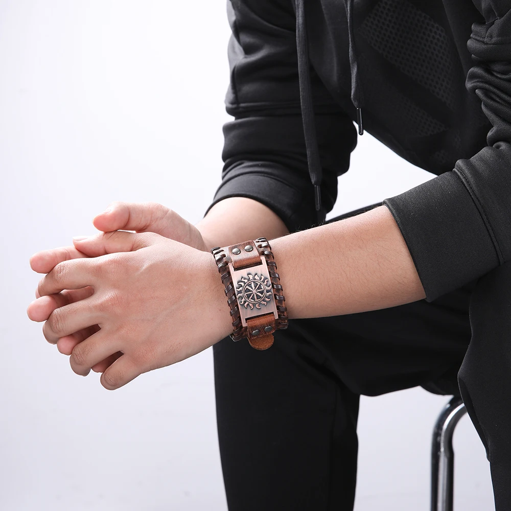 Новейший в стиле панк амулет Коловрат от солнца круглый кожаный браслет ручной