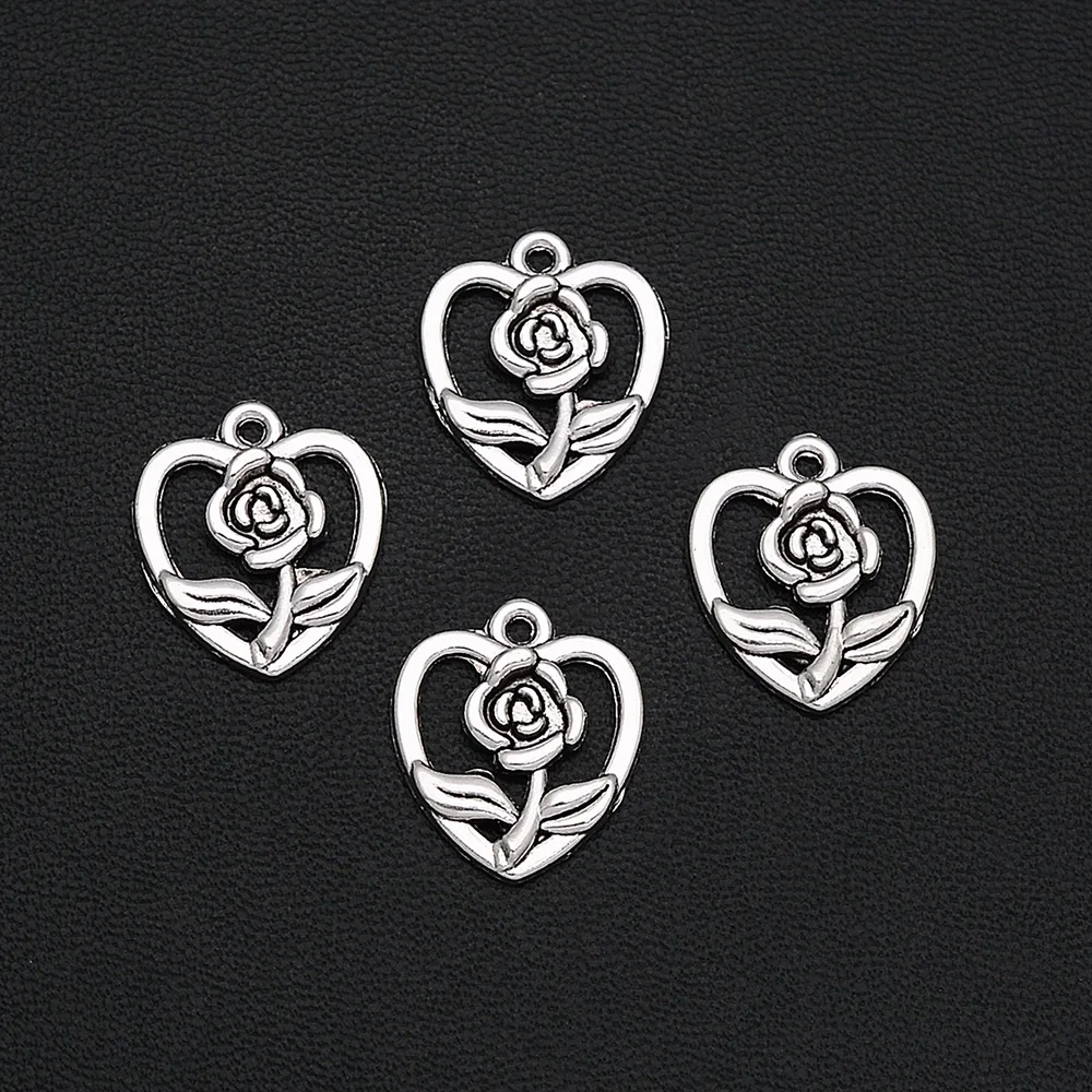 

15pcs/Lot 16x19mm Antique Silver Plated Rose Flower Charms Heart Love Pendants For DIY Trinkets Jewelry Making Finding Materials