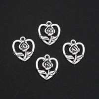 15pcslot 16x19mm antique silver plated rose flower charms heart love pendants for diy trinkets jewelry making finding materials