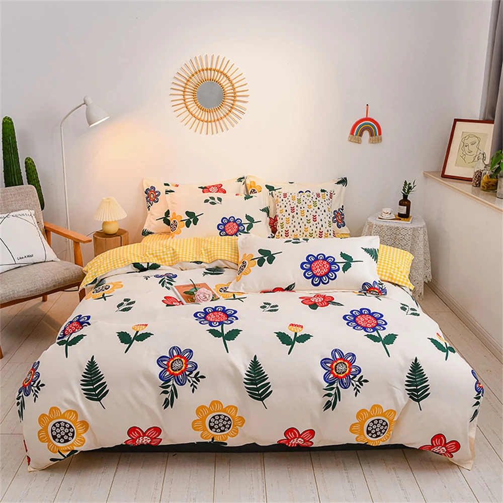 

Yellow Floral Quilt Cover Pillowcase Bed Sheet 4pcs Country Style Soft Bedding Covers Set King Queen Double Sides Home Textile