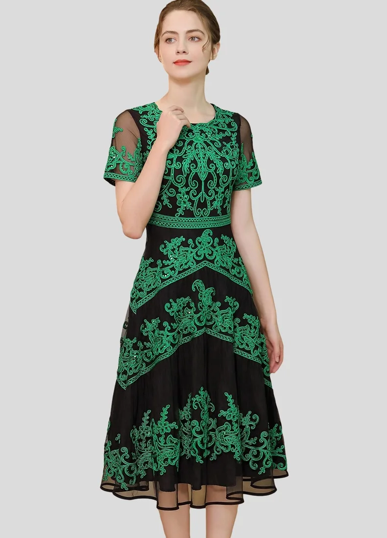 

Plus Size Clothing 2021 Summer 1950s Style Women O-Neck Allover Appliques Embroidery Sexy Tulle Mesh Patchwork Red Green Dress