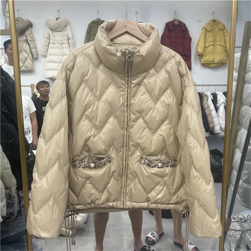 

Winter 2021 90% White Duck Down Coat Women Stand Collar Short Lightweight Down Jacket Drawstring Female Outerwear Casual Parkas
