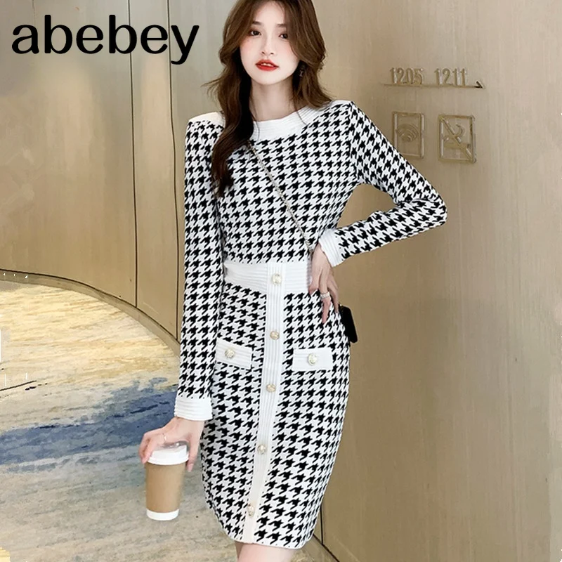 

Women Sexy Off Shoulder Houndstooth Knitted Dress 2022 New Autumn Fashion Temperament Vintage Elegant Sweater Robe