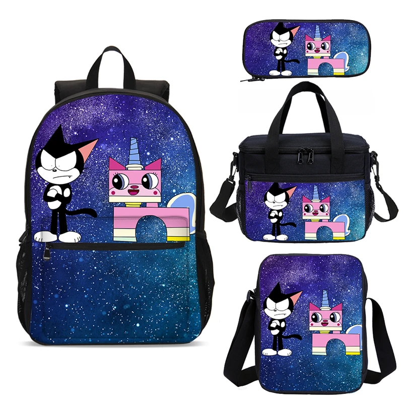4Pcs/Set Portfolio School Bags For Boys Girls Cute Anime Cartoon Cat Letter 3D Printing Bookbag Satchel Rucksack Mochila Escolar | Багаж и