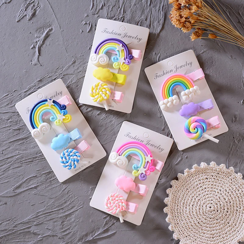 

3Pcs/Set Cute Rainbow Hairpins For Girls Cartoon Hair Clips Children Kids Cloud Lollipop Hair Pins Barrettes Baby Accessories