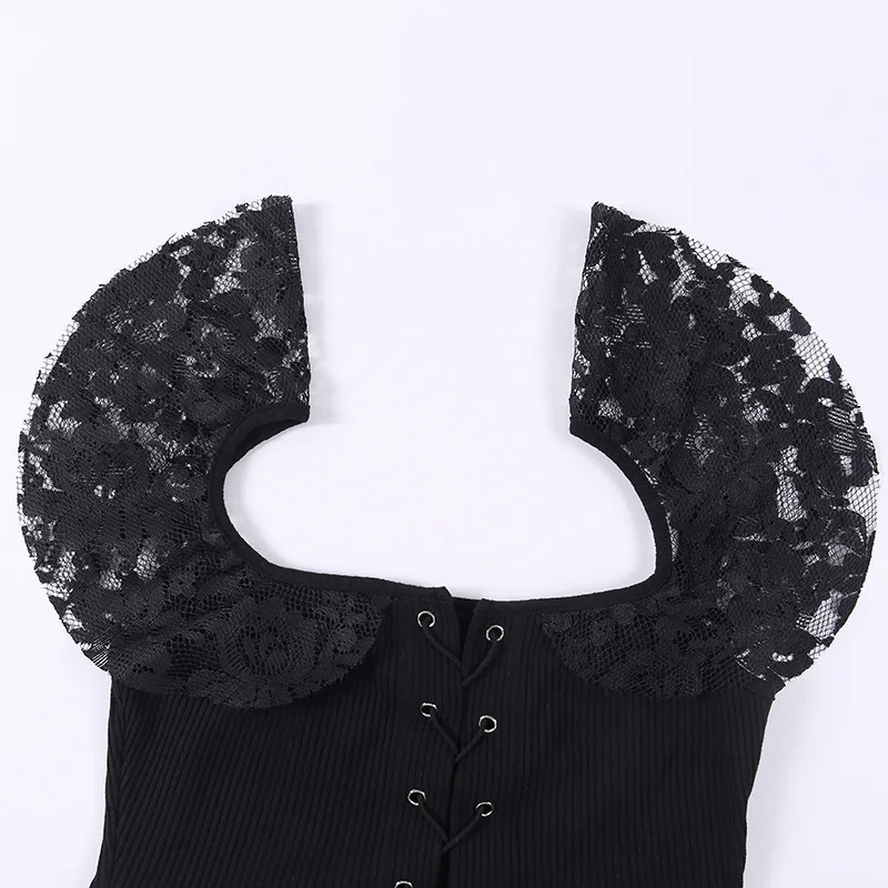 Готический женский укороченный топ из лоскутного кружева с перекрестной повязкой в стиле панк Camis с расклешенными рукавами темно-черный тонкий с воротником Женская супер короткая футболка