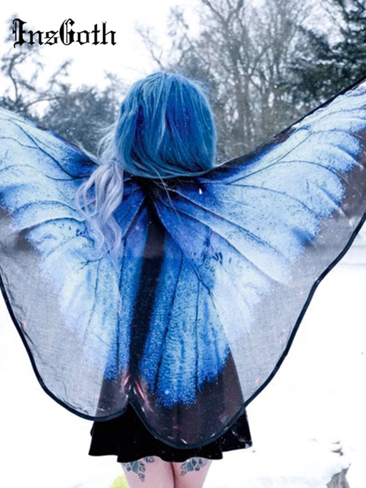

Женская шаль с бабочками InsGoth Mall, голубая свободная шаль без рукавов, на шнуровке, верхняя одежда в стиле Харадзюку,