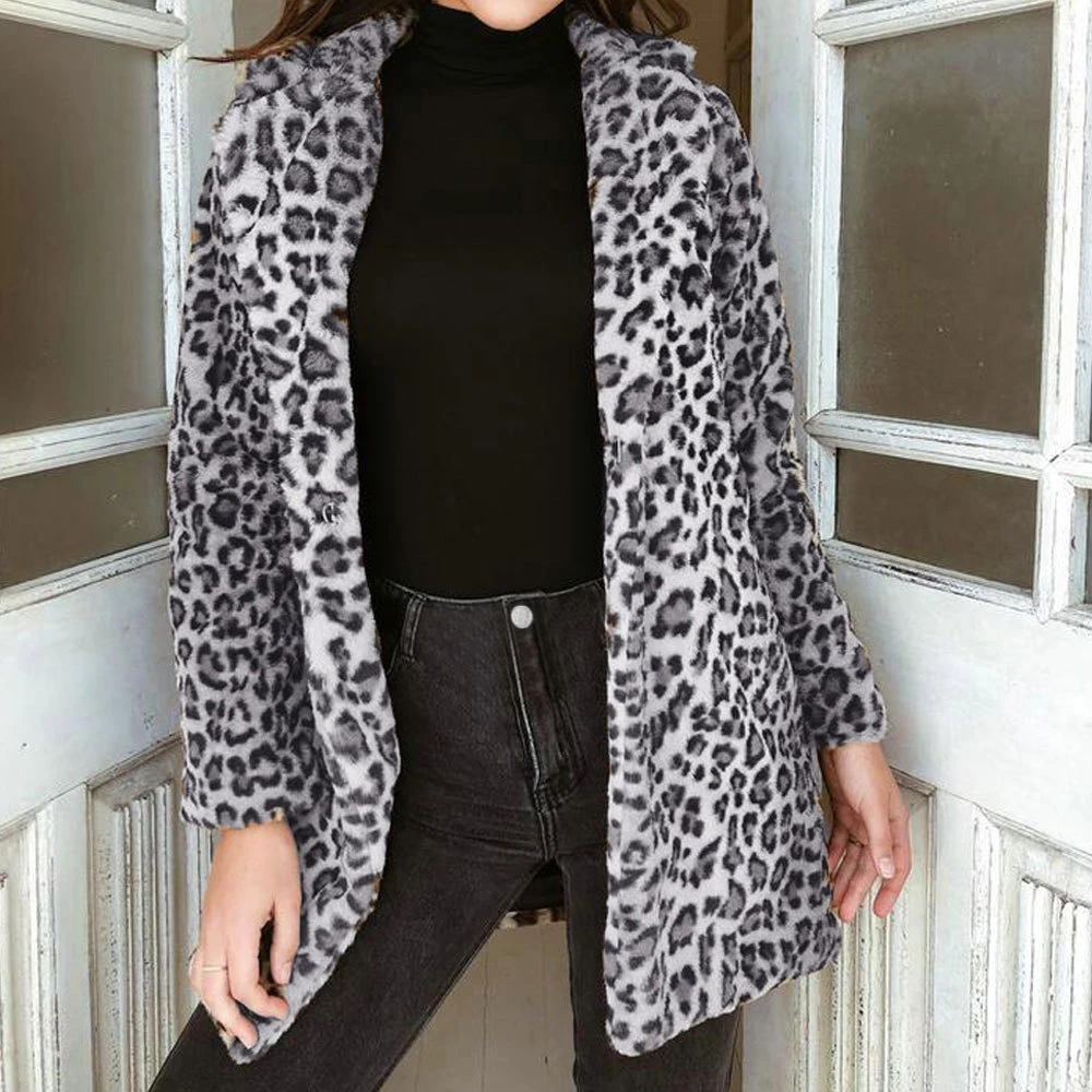 HEFLASHOR 2019 Leopard Printed Coats Casual Furry Notched Winter Coat Women Lapel Collar Long Parkas Sexy Slim Outerwear | Женская