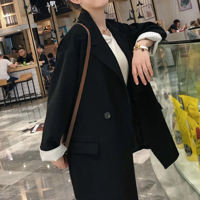 

Blazers Women Newest Patchwork Black Double Breasted Spring Trendy Simple Loose Elegant Ladies Jackets All-match Coats