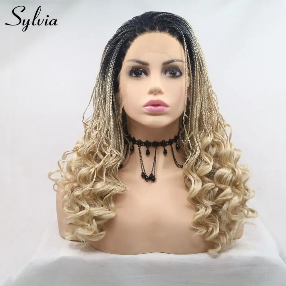 Sylvia Ombre Blonde Braided Wig Dark Root Synthetic Lace Front Wig For Women Heat Resistant Fiber Curly Braids Natural Hairline