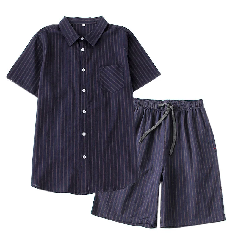 

Striped men's pajamas 2021 summer new style washed cotton loose large size casual pajamas suit home service can be worn outside