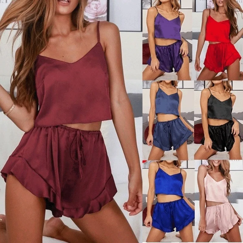 Комплект женской пижамы без рукавов пикантное нижнее белье укороченный топ для