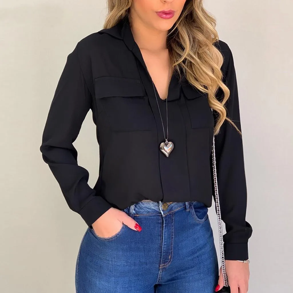 Модная женская блузка Feitong элегантная однотонная с отложным воротником карманом