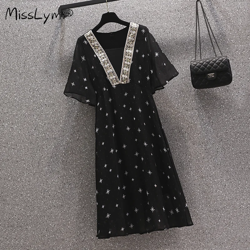 

Large Size Women Print Chiffon Long Dress Summer 2022 Sequin Embroidery V-neck Short Sleeve Loose Casual Ladies Glitter Dresses
