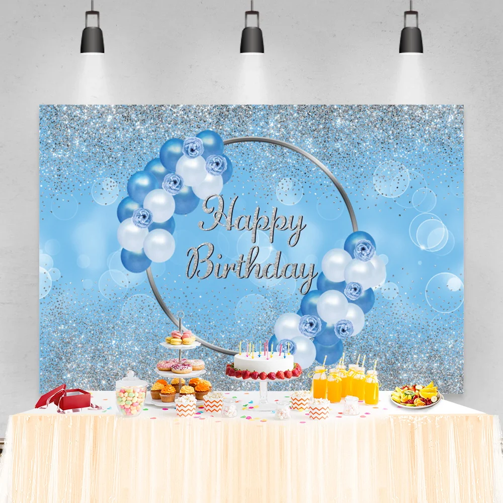 

Laeacco Blue White Balloon Birthday Party Photo Backdrop Silver Glitters Light Bokeh Portrait Customized Photography Background