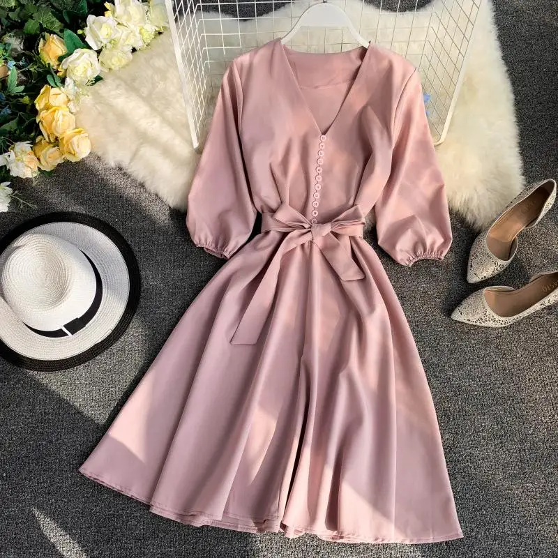 

2020 Summer Fashion Women V-neck Half Sleeve Single-breasted Dress Elegant Female High Waist A-line Sashes Mid-calf Party Dress