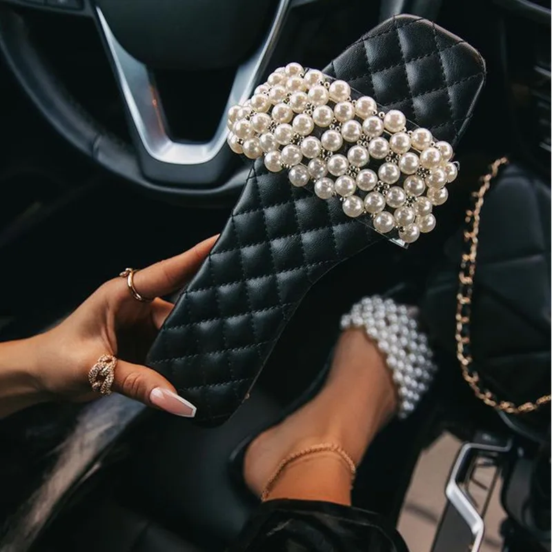

Woman Pearl Slippers 2021 Trend Fashion Summer Square Toe Slides Women's Casual Beach Shoes Ladies Comfortable Flats Female Plus
