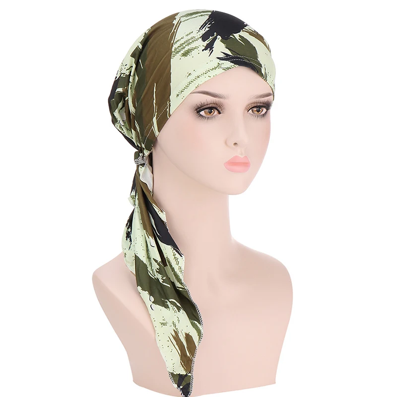 

Fashion Printed Floral Hijab Turban Muslim Baotou Cap Elastic Islamic Lady Wrapped Under The Hijab Long Tails Muslim Turban Hats
