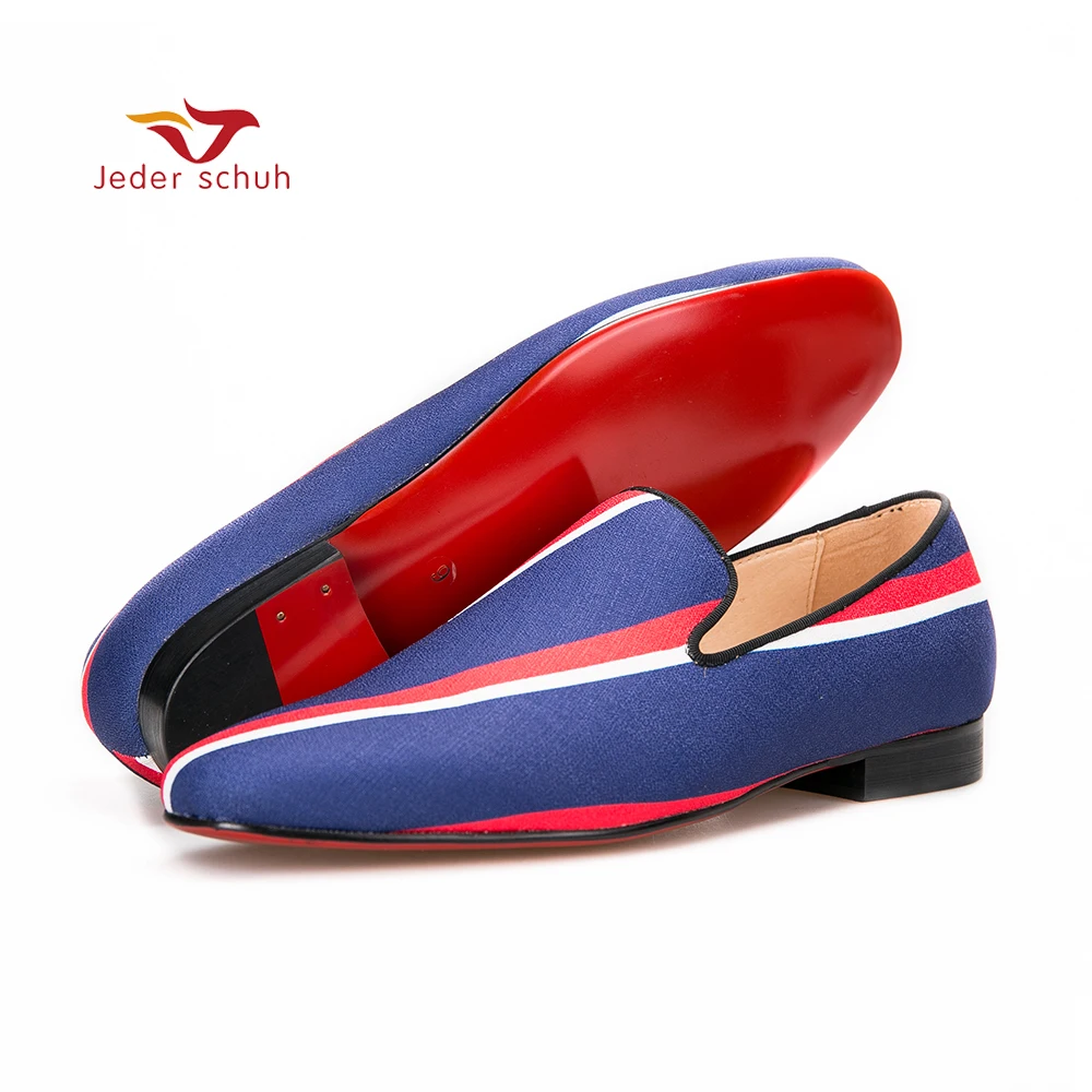 

Jeder Schuh New Square Toe Blue Canvas Shoes With Striped Design Party And Banquet Men Dress Loafers Leather Insole Men Flats