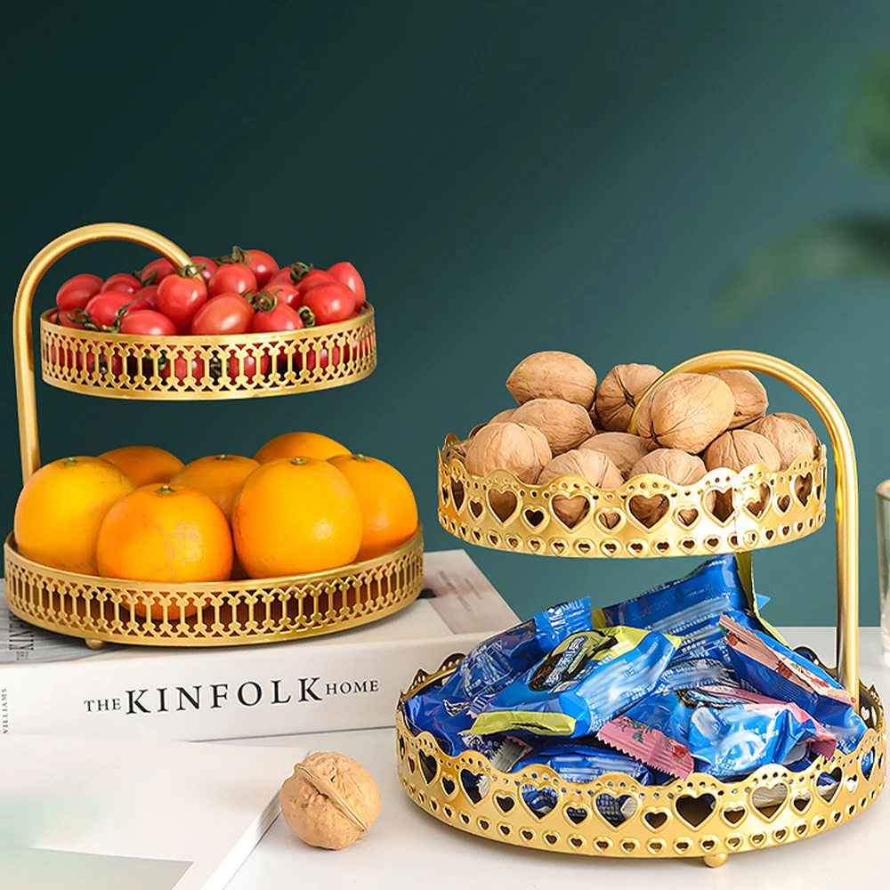 

Metal Fruit Snack Tray Dual-Layer Snack Fruit Tray Stable Desktop Fruit Tray Cake Cake Shelf Storage Rack Water Fruit Tray