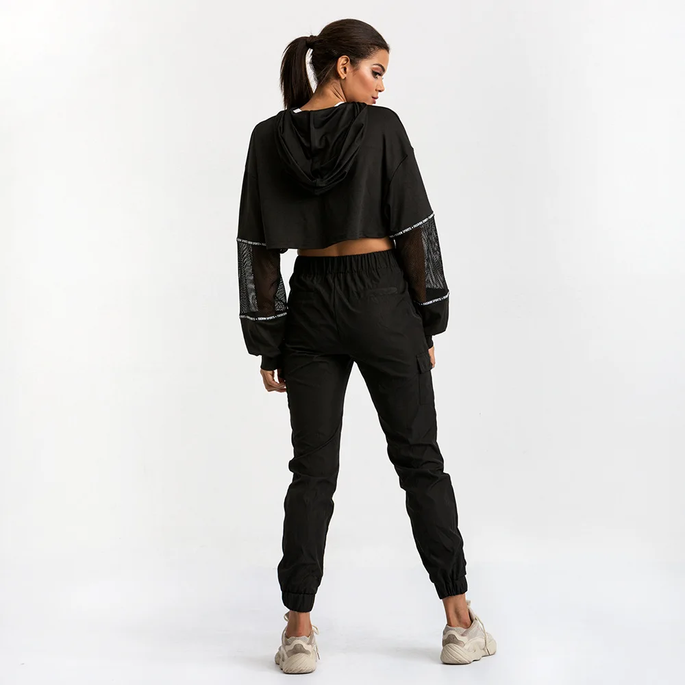 Черные однотонные Топы с длинным рукавом женские толстовки для бега свободные на