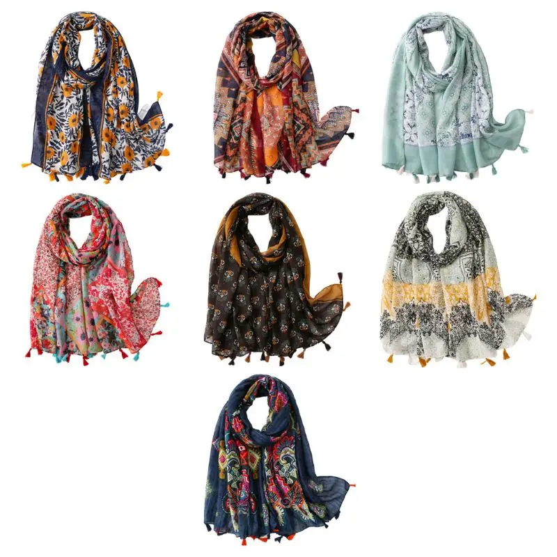 

Bohemian Vintage Colorful Large Scarf Geometric Paisley Floral Print Beach Sunscreen Fringe Tassel Oversized Shawl Wrap