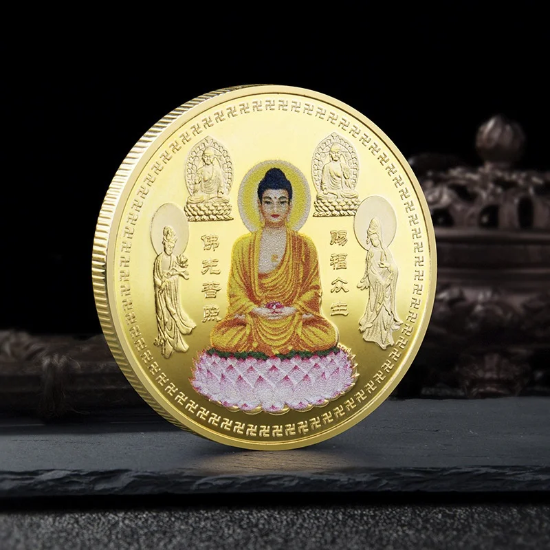

Chinese Style Shakyamuni Buddha Statue Teaches the Buddha Commemorative Coin Gold Silver Coin Embossed Metal Craft Badge Gift