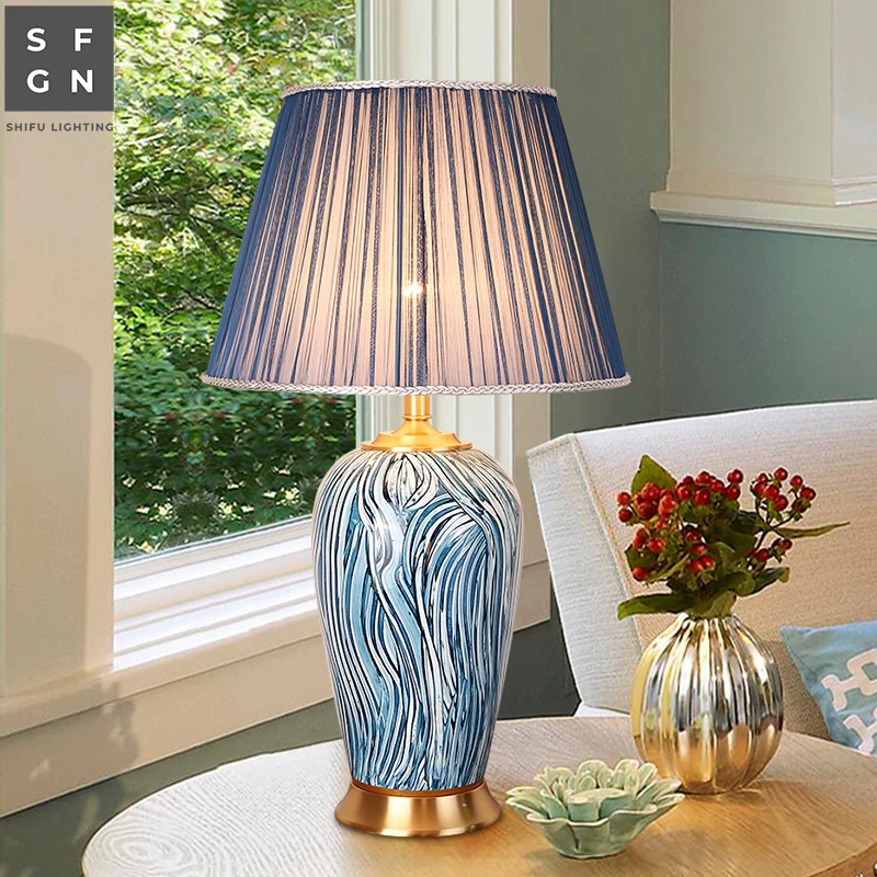 Copper Table Lamp American Style for Living Room Jingdezhen Ceramic Luxury Bedroom Bedside Decorated LED | Лампы и освещение