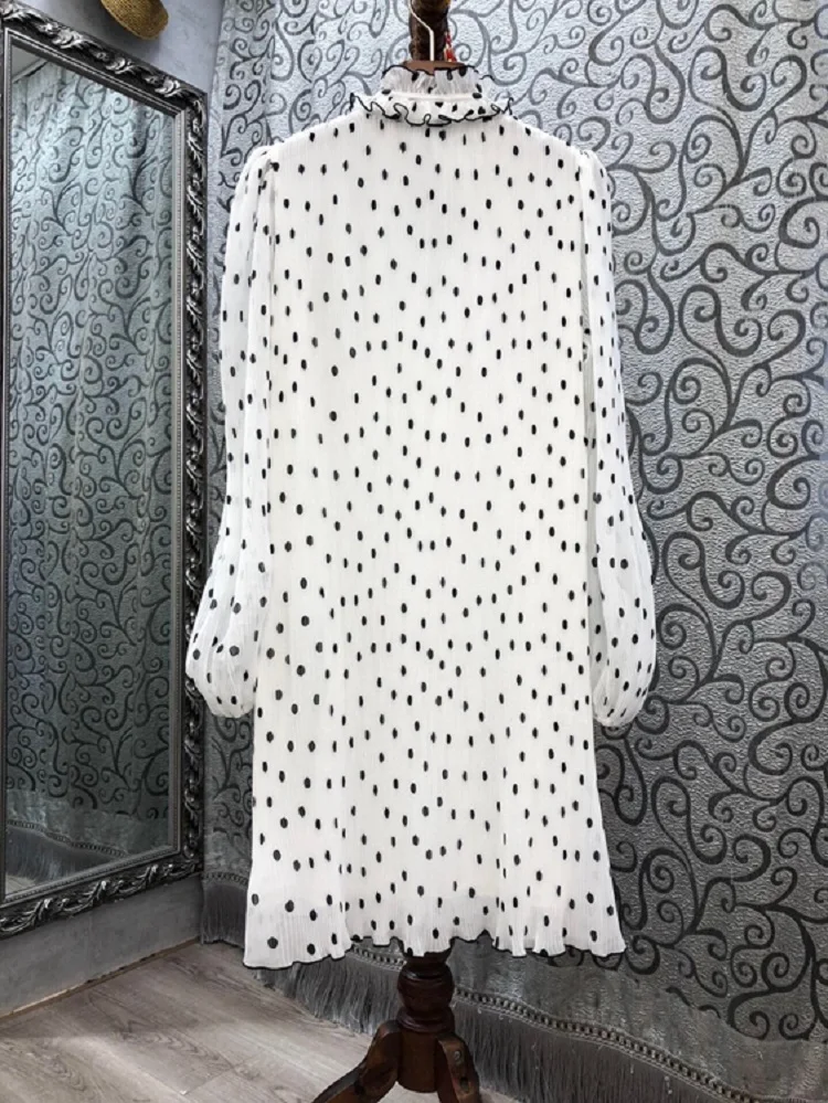 

2020 Autumn Fashion White Red Dress High Quality Women Ruffled Collar Polka Dot Print Long Sleeve Casual Loose Dress Clothings