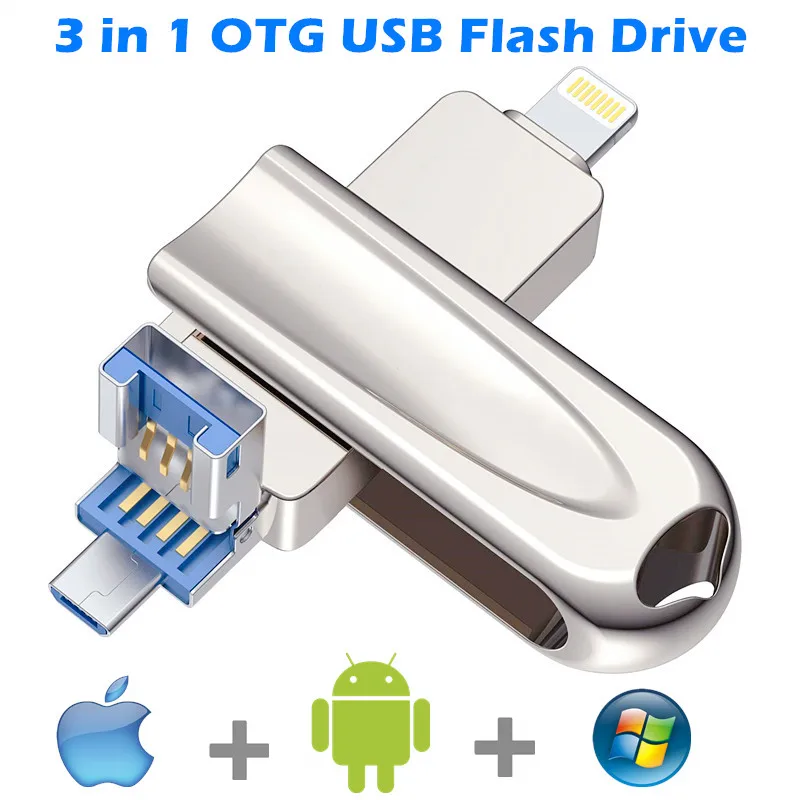 Unidad Flash USB OTG 3 en 1, para lightning/android/PC, 64GB, 128GB, USB 3,0, 16GB, 32GB, Pendrive para iPhone 12/11/X/9/8/7/6/5S 256gb