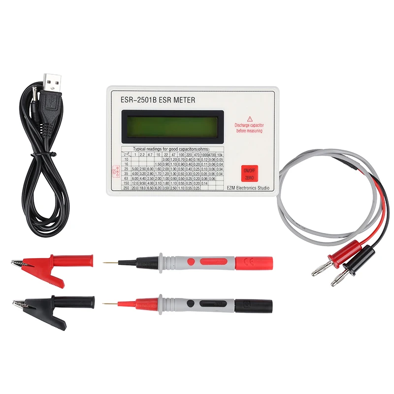 New ESR2501B Capacitor ESR DCR Tester Test In Circuit Capacitance Meter With Leads Clip Battery | Инструменты