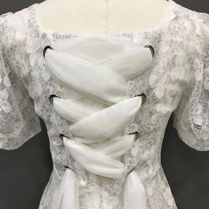 

GALCAUR Vintage Lace Patchwork Dress For Women Square Collar Puff Short Sleeve High Waist Knee Length Solid Dresses Females 2021