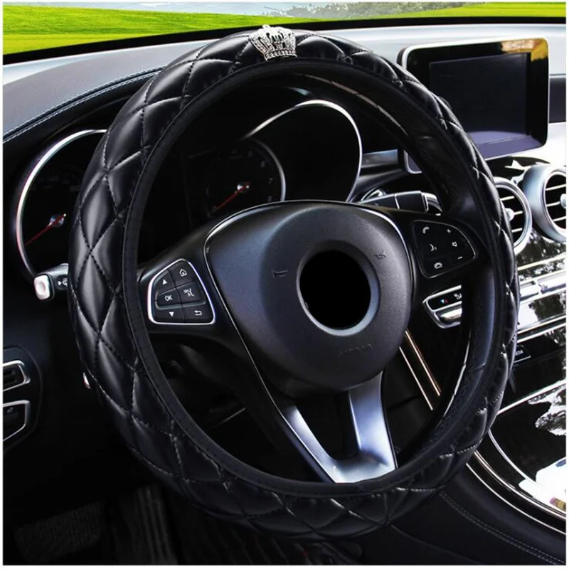 

Кожаный Универсальный Эластичный чехол на руль автомобиля, диаметр 37-38 см, корона, алмазная оплетка, блестящий Автомобильный руль, Стайлинг ...