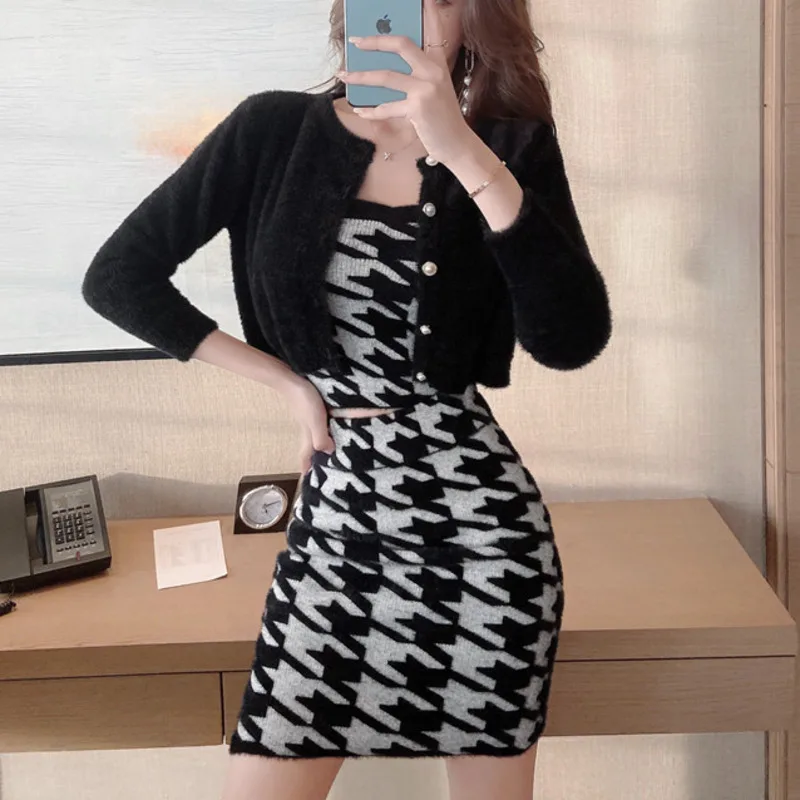 

Houndstooth Knitted 3 Pcs Set Mink Cardigan Sexy Strapless Crop Top + High Waist Bodycon Mini Skirt Suits Fashion Women Outfits