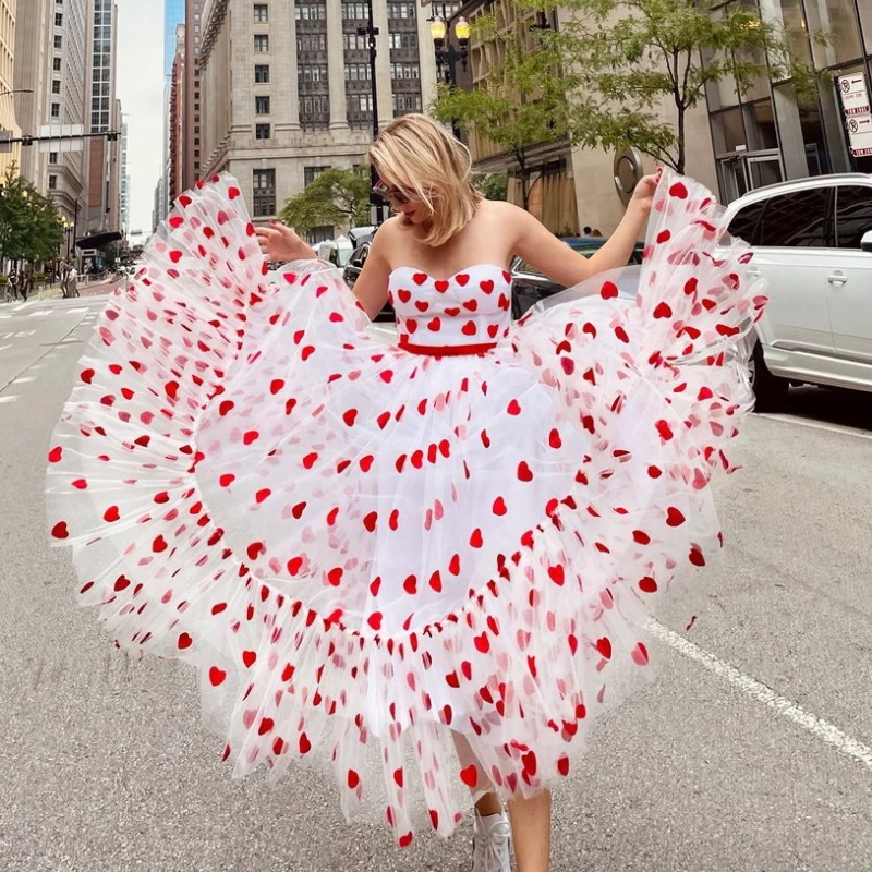 Women Sexy Off Shoulder Heart Print Tulle Dress Sleeveless High Waist Mesh Stitching Ruffle Hem Puffy Dress for Valentine's Day