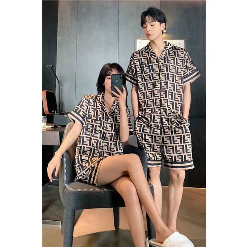 

Silk Summer Sleepwear Women's Pajamas Set Luxury Fashion Print Loose Casual Short Sleeve Homewear Elegant Two-piece Suit Couple
