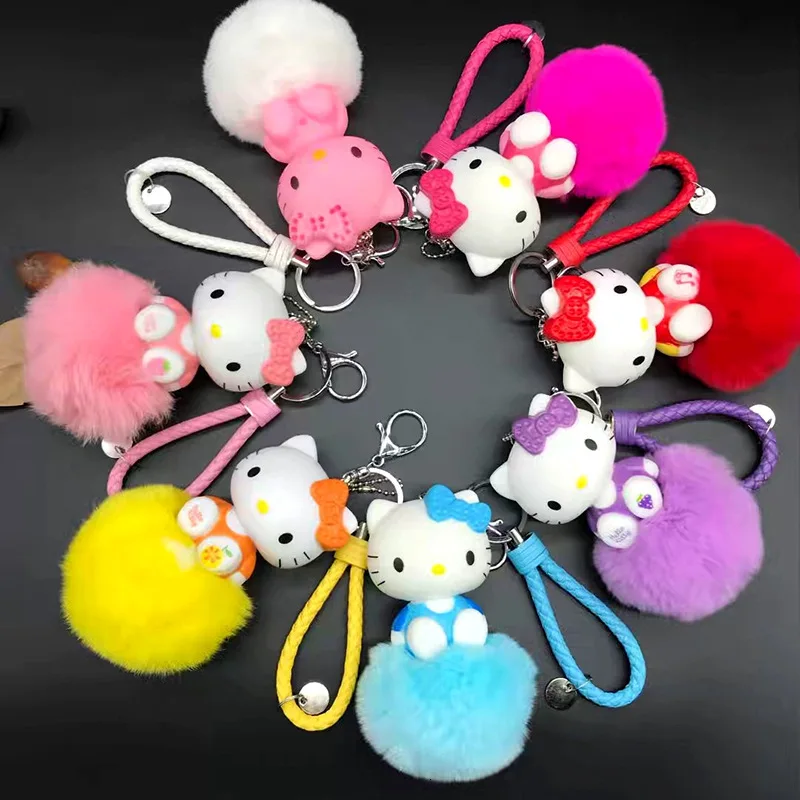 Pom аниме брелок мультфильм брелок Hello Kitty пушистый мех кролика брелок кольцо держатель женская сумка автомобильный брелок с помпоном