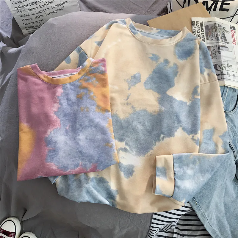 Shellsuning Tie Dye Нижняя футболка весна Harajuku уличная свободная одежда футболка с длинным рукавом Женский мягкий пуловер с круглым вырезом топы