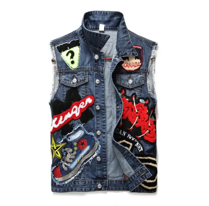 

2021 Mens Punk Denim Vests Black Skull Embroidery Denim Waistcoat Slim Fit Fashion Jeans Sleeveless Jacket Male Vest