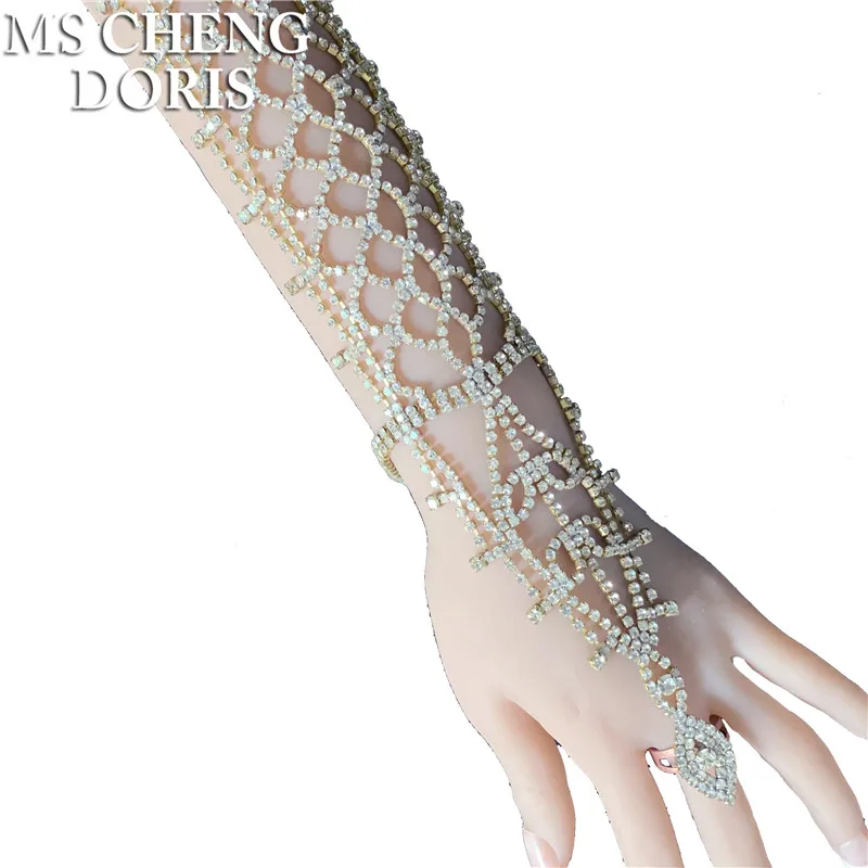 

Full All Rhinestone Arm Hand Chain Ring Copper Bracelet Wedding Bridal Bangles Belly Dancer Jewelry Statement Pave Crystal Women