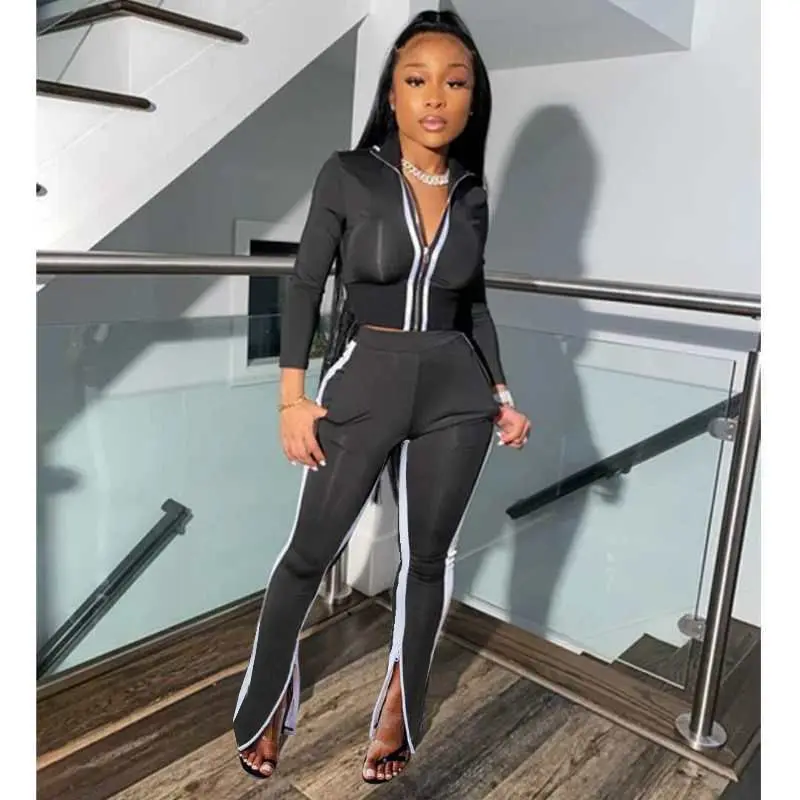 

Echoine Stiped Print Zipper Crop Top and Flare Pants Two Piece Set Tracksuit Sporty Active lounge wear