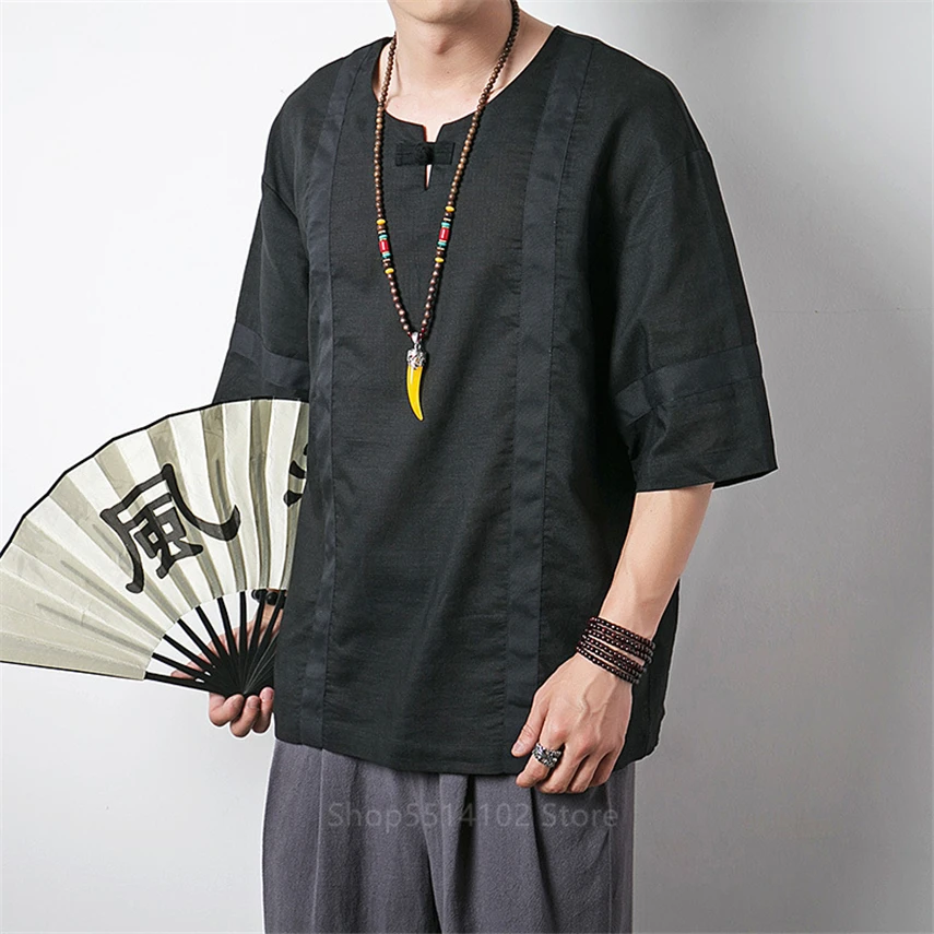 Китайский топ винтажная рубашка из хлопка и льна с коротким рукавом женская