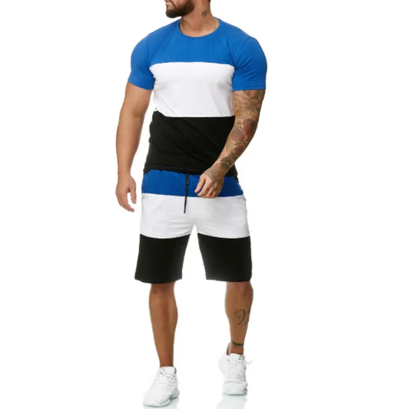 

Fashion t-shirt Shorts Set Men Summer 2pc Tracksuit+Shorts Sets Stripe Mens Casual Tee Shirts Set Big yards Sportswears S-6XL