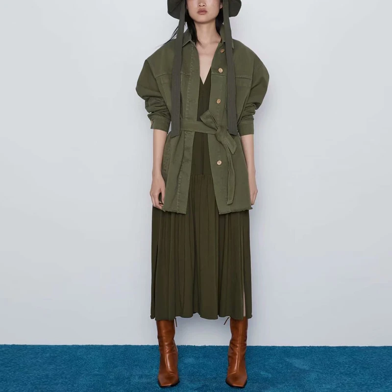 Осенняя джинсовая куртка с поясом Женская однотонная Повседневная Свободная