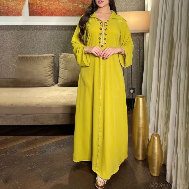 

Abaya Dubai Turkey Muslim Women Hooded Long Dress Embroidery V-Neck Rhinestone Islamic Clothing Robe Eid Mubarak Kaftan Dropship