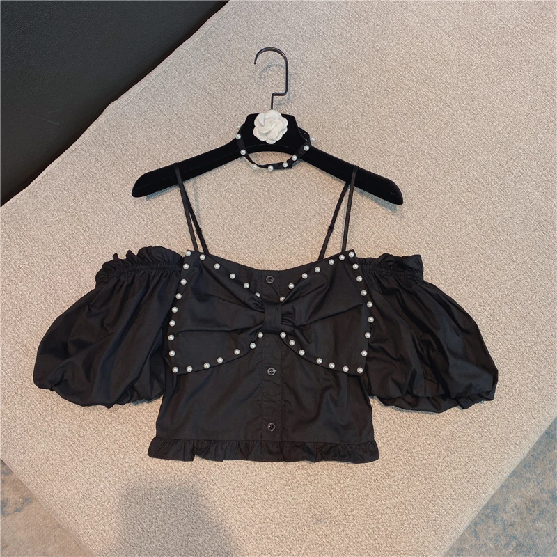 2021 Summer Korean Western Style Sweet Style Bead Edge Bow Suspenders Off-the-Shoulder Short Sleeve Chiffon Shirt Top