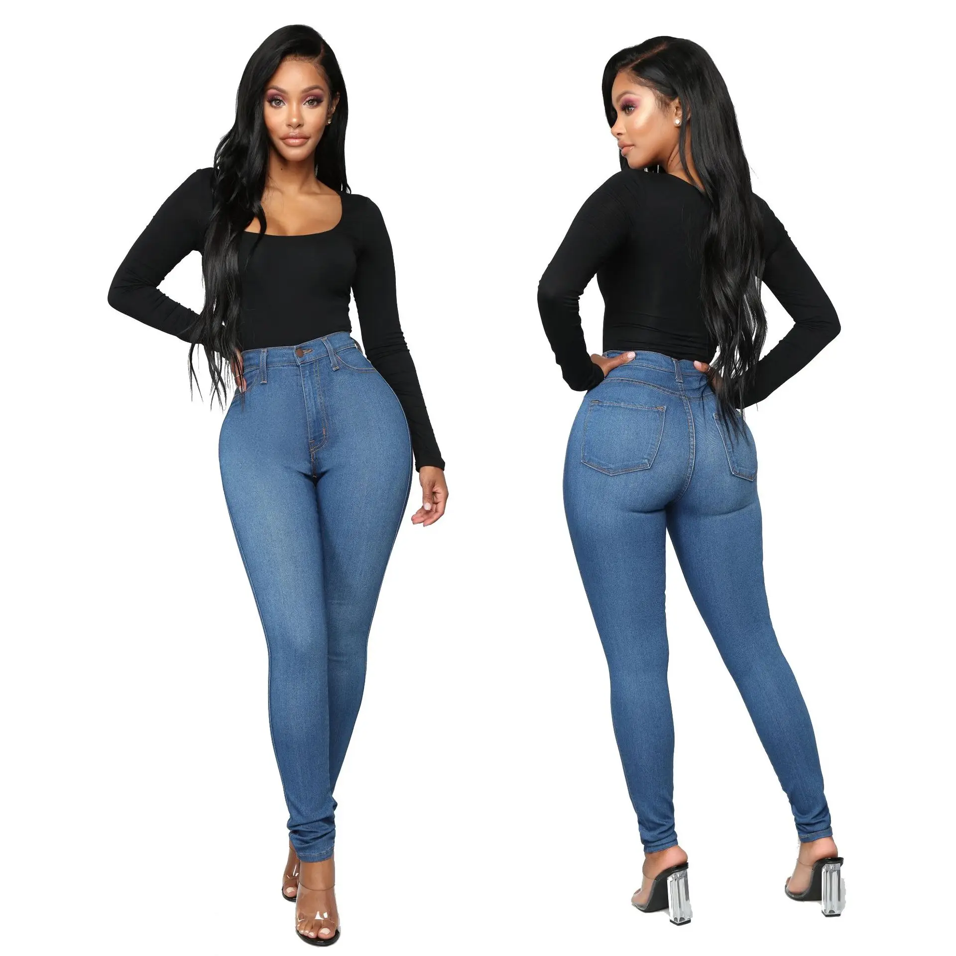 

In Stock HSF2043 Wholesale Sexy Women Jeans Trousers Ladies High Waist Skinny Denim Jeans