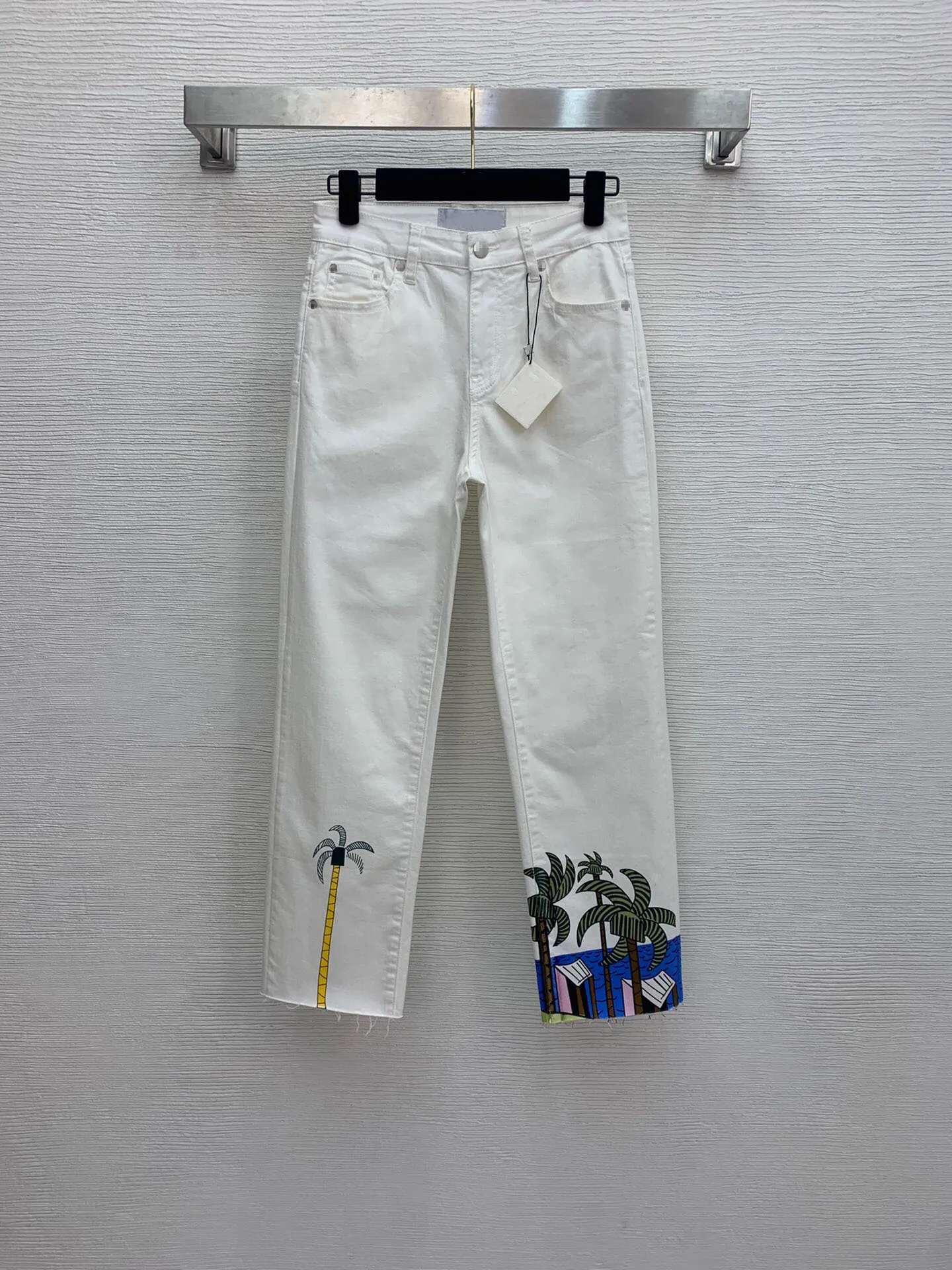 

High Quality Luxury Women New Simple Casual Seaside Coconut Tree Landscape Printing Straight Wide-leg Jeans Cropped Trousers