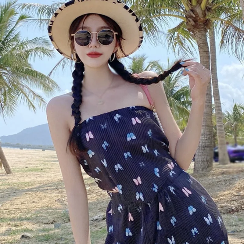 

Summer Fashion Sexy Suspenders Vest Korean Fashion Tops Slim Irregular Butterfly Print Tube Top Black/Blue Sleeveless Women Wear